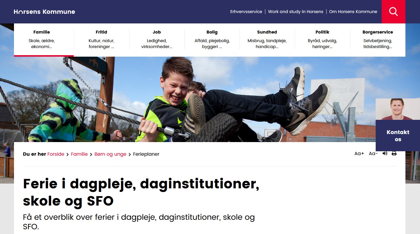 Screenshot fra Horsens Kommunes hjemmeside om ferier